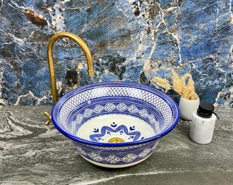 Moroccan Round Ceramic Sink – Handmade Porcelain Vessel Basin – Bathroom Vanity Centerpiece – Countertop Wash Bowl – Artisan Ceramic Basin