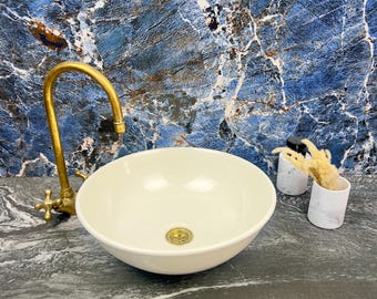 Round White Ceramic Sink - Handcrafted Ceramic Vessel Sink for Bathroom - Luxury Vanity Bowl - Artistic Countertop Basin - Porcelain Sink