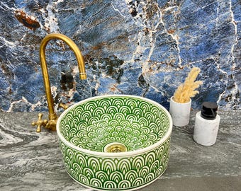 Custom Made Green Ceramic Basin - Bathroom Vanity Sink Centerpiece - Round Bathroom Vessel Sink