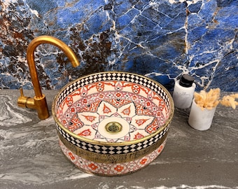 Custom Made Farmhouse Basin Adorned With Brass for Vanity Centerpiece - Handmade Ceramic Bathroom Sink - Moroccan Porcelain Washbasin