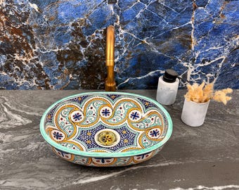 Ceramic Oval Vessel Sink for Vanity Centerpiece Eco-Friendly Decor - Bathroom Oval Basin - Handmade Moroccan Washbasin