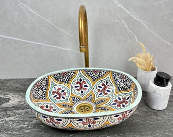 Oval Vessel Sink: Ceramic Bathroom Basin - Colorful Oval Washbasin, Artisan Moroccan Sink