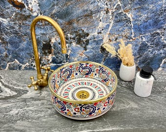 Hand-painted Ceramic Vanity Sink for Bathroom Centerpiece with Brass Rim - Colorful Bathroom Vessel Sink - Round Modern Basin - Sink Bowl