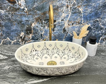 Bathroom Oval Sink Basin - Ceramic Farmhouse Basin for Vanity Countertop - Gray Oval Wash Basin for Bathroom Decor - Moroccan Porcelain Sink
