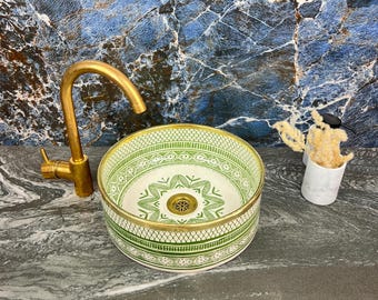 Green Verde Handmade Bathroom Sink with Brass Rim - Ceramic Sink - Bathroom Vanity Centerpiece for Eco-Friendly Decor - Vessel Sink