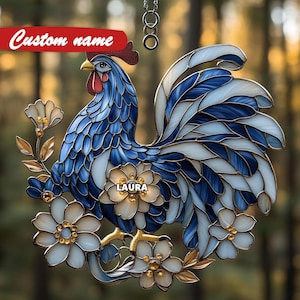 ブルールースターのアクリル製サンキャッチャー、花柄ファームハウスの窓飾り、素朴な彼女へのパーソナライズギフト、カントリーホームデコレーションに最適