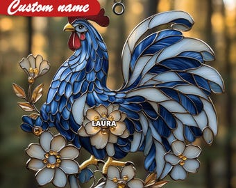 Atrapasol acrílico de gallo azul, adorno floral para ventana estilo granja, regalo rústico personalizado para ella, decoración perfecta para el hogar campestre.