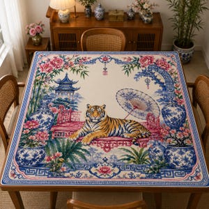 Chinoiserie Tiger Mahjong Mat, Blue White Porcelain Mahjong Table Mat, Peony Floral Game Mat, Non Slip Mahjong Gift