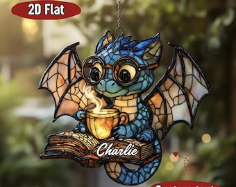 Dragon Reading Suncatcher: Faux Stained Glass Window Hanging, Bookish Fantasy Decor