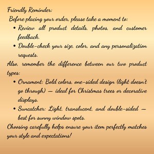 Puede incluir: Texto sobre un fondo degradado que dice: "Recordatorio amistoso: Antes de realizar su pedido, t&oacute;mese un momento para: Revisar todos los detalles del producto, fotos y comentarios de los clientes. Verifique su talla, color y cualquier solicitud de personalizaci&oacute;n."