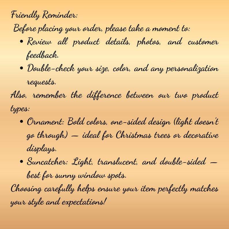 Puede incluir: Texto sobre un fondo degradado que dice: "Recordatorio amistoso: Antes de realizar su pedido, t&oacute;mese un momento para: Revisar todos los detalles del producto, fotos y comentarios de los clientes. Verifique su talla, color y cualquier solicitud de personalizaci&oacute;n."