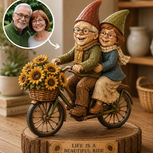 Personalized Gnome Couple Bicycle Figurine With Custom Photo, Unique Anniversary Gift For Couples, Rustic Home Decor Sculpture On Wood Base