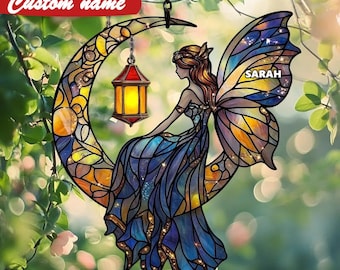 Enchanted Moon Fairy Acrylic Suncatcher Faux Stained Glass Window Hanging, Night Sky Fantasy Art And Beautiful Celestial Gift For Her Home