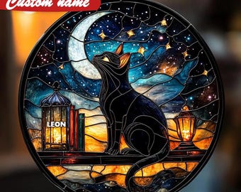 Celestial Cat Acrylic Suncatcher, Starry Night Stained Glass Window Decor, Mystic Kitty Gift