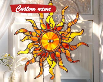 Atrapasol de acrílico con efecto vitral radiante, color naranja brillante y amarillo, para colgar en la ventana. Decoración boho para el hogar. Regalo ideal para amantes del sol.
