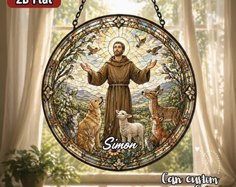 Atrapasueños de imitación de vidriera de San Francisco, arte acrílico religioso para amantes de los animales