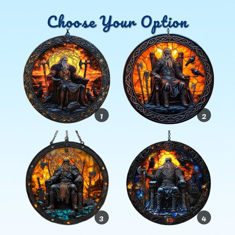 Puede incluir: Cuatro adornos de pared redondos que representan a un guerrero vikingo sentado en un trono, rodeado de hachas y cuervos. Cada pieza tiene un fondo &uacute;nico, incluyendo puestas de sol ardientes y noches estrelladas. El texto "Choose Your Option" est&aacute; en la parte superior.