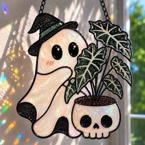 Acchiappasole a forma di fantasma di Halloween, decorazione per finestre effetto vetro colorato, simpatico fantasmino con teschio, decorazione botanica per Halloween