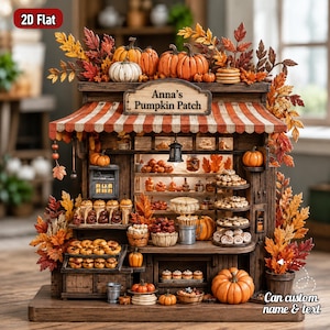 Könnte beinhalten: Ein Miniatur-Holzladen mit der Aufschrift Anna's Pumpkin Patch, einem gestreiften Vordach und Dekorationen aus Herbstblättern und Kürbissen. Das Innere zeigt Regale mit kleinen Backwaren, Gläsern und saisonalen Artikeln, beleuchtet durch eine Laterne.