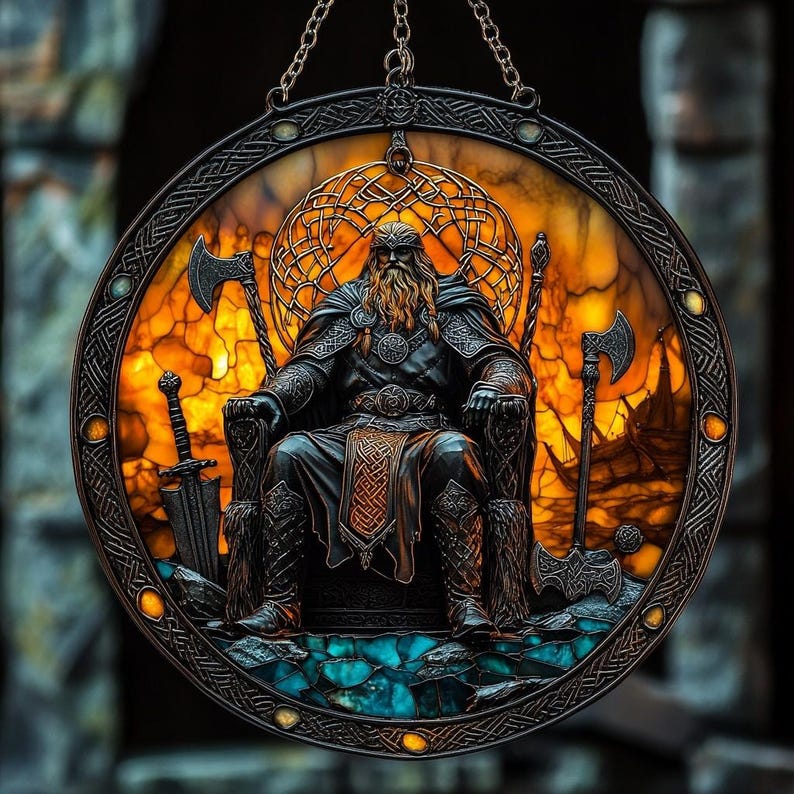 Atrapasol de cristal vikingo de Odín, decoración para ventana inspirada en la mitología nórdica, regalo personalizado y poderoso para él, decoración para el hogar inspirada en el antiguo guerrero. imagen 6