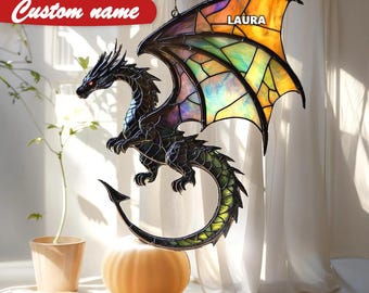 Atrapasol acrílico de dragón negro, vitral de imitación, decoración de criaturas fantásticas, regalo místico para hombres o amantes de la decoración medieval.