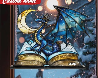 Blauer Drache Acryl Suncatcher, Faux Buntglas Fensterbehang