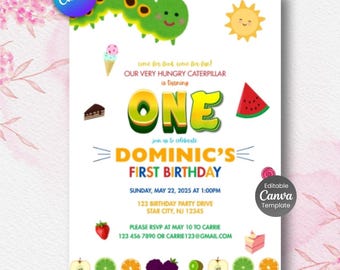 Hungry Caterpillar First Birthday Invitation, Editable Canva Template