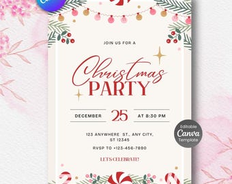 May include: A festive Christmas party invitation with a cream background, featuring red text and decorative elements. The design includes candy canes, ornaments, and the text "Christmas Party" with the date December 25th.