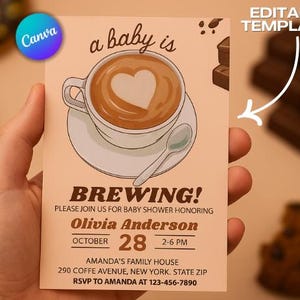 A Baby is Brewing Baby Shower Invitation Bundle, Hand Drawn Coffee Baby Shower Template Set, Editable Baby Shower Template with Coffee Beans