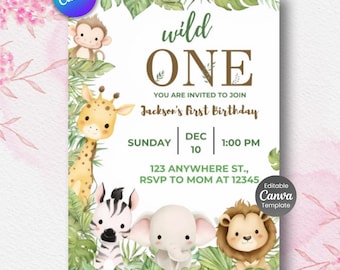 Wild One Birthday Safari Invitation - Editable Digital Download - Jungle Animals 1st Birthday Invite With Photo-Printable & Text Invite