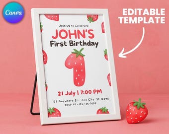 Berry First Birthday Invitation: Strawberry Theme, Editable Canva Template (5x7 inches, PDF Download