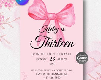 Invitación de cumpleaños con lazo rosa coqueto, plantilla editable (descarga digital)