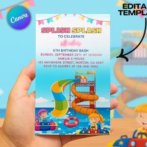 Water Slide Birthday Invitation, Water Slide Invitation, Water Slide Bash, Summer Pool Party, Girl Splash Party Invitation, Editable Canva