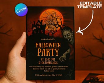 Może przedstawiać: Zaproszenie na imprezę Halloween z upiornym motywem. Zaproszenie zawiera zombie, nawiedzony dom i pełnię księżyca. Tekst brzmi "Halloween Party" z datą i godziną. Logo Canva znajduje się w lewym górnym rogu.