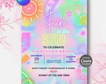 Fun in the Sun Birthday Invitation, Beach Party (Canva Editable, Digital Download)