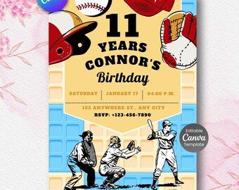 Baseball Birthday Invitation, Ice Cream Drip, Editable Canva (Digital File)