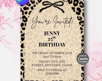 Invitación de cumpleaños con estampado de guepardo, plantilla editable con lazo coqueto.