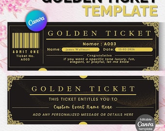 Golden Ticket Template, Printable Golden Ticket Editable Template, Golden Event Ticket, Custom Ticket Invitation, Golden Voucher Template