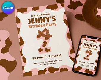 Pink Cowgirl Birthday Invitation: Editable Rodeo Party Invite (Canva Template, Digital Download)