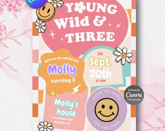 Checkered Smile Face 3rd Birthday Invitation, Retro Groovy (Editable Canva Template)