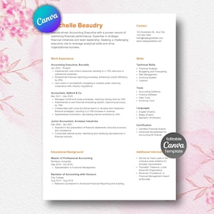 May include: A white resume template with a pink floral design in the corners. The resume includes sections for work experience, skills, and education. The text includes the name "Chelle Beaudry" and contact information.