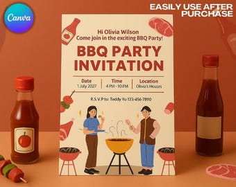 Editable BBQ Birthday Invitation: Summer Cookout Party, Canva Template (Digital Download)