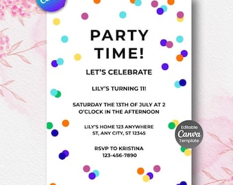 Pode incluir: Convite de festa branco com confetes coloridos e o texto "PARTY TIME!" anunciando o 11º aniversário de Lily. Inclui data, hora, endereço e informações RSVP. Modelo Canva.