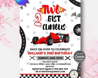 Two Fast 2nd Birthday Invitation, Race Car Theme (Editable Canva Template)