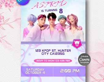 Invitación de cumpleaños editable de KPOP Demom Hunters Saja Boys, invitaciones a fiestas de Saja Boys, invitación imprimible de Saja Boys