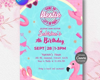 Pink Doll Pool Birthday Invitation | Editable Canva Template