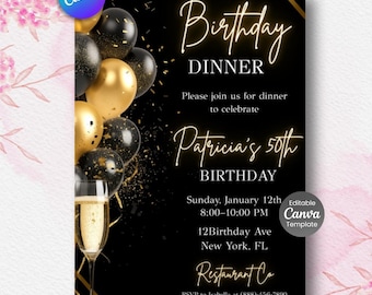 Black Tie Birthday Dinner Invitation Template, Elegant Golden Design (Digital Download)