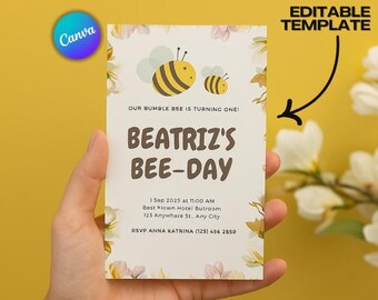 Floral 1st Bee Day Invitation: Editable Canva Template (PDF Download