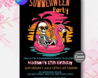 Invitación de cumpleaños de verano / Invitación editable para fiesta fantasma en la piscina / Descarga digital / Celebración de verano espeluznante