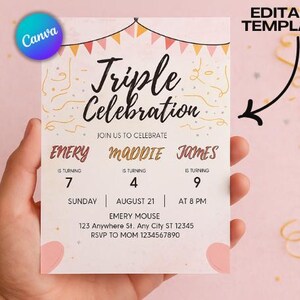 Editable Sibling Birthday Invitation, Double Birthday Invite, Dual Combined Twins, Boy and Girl Double Invite, Editable with Canva